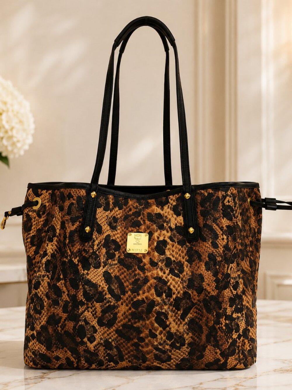MCM Project Visetos Reversible Shopper Tote Leopard Print & Black Coated Canvas